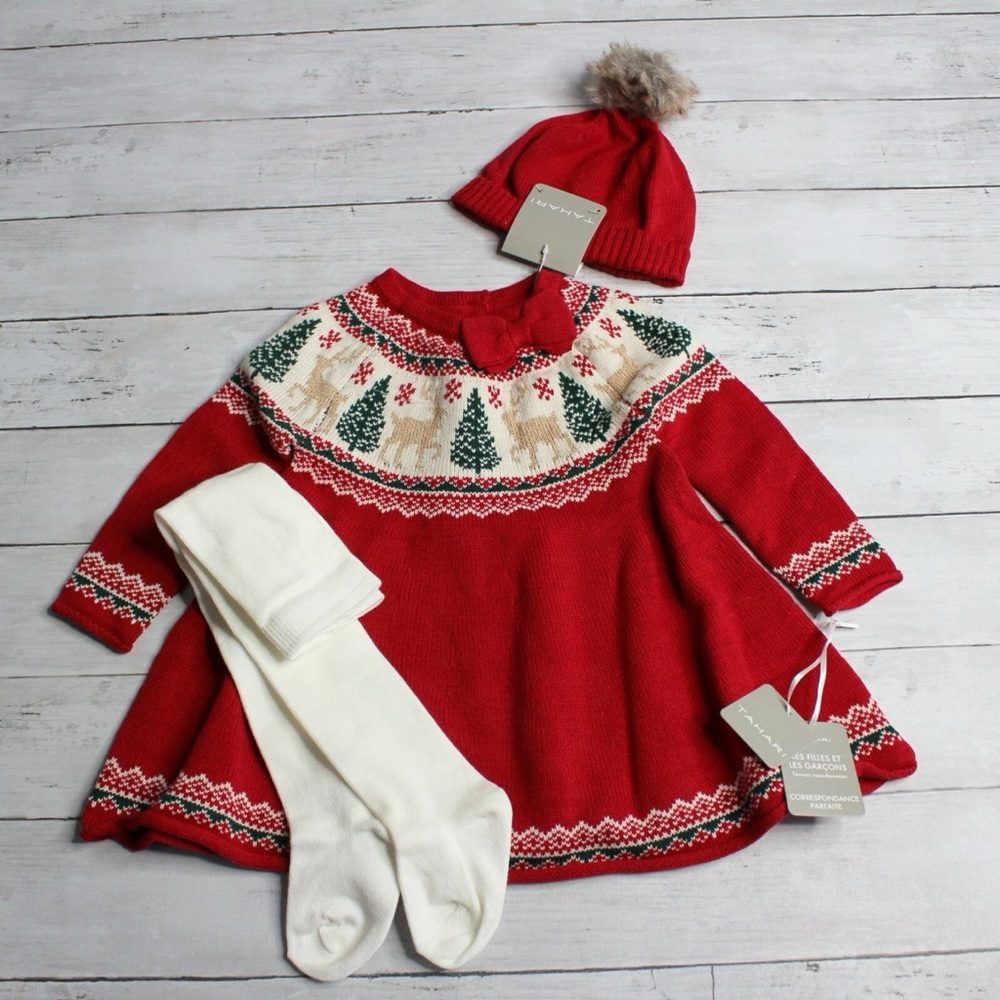 Tahari Girl Christmas Sweater Knitted Dress Crochet 3pc. Set Sz.12 mnths